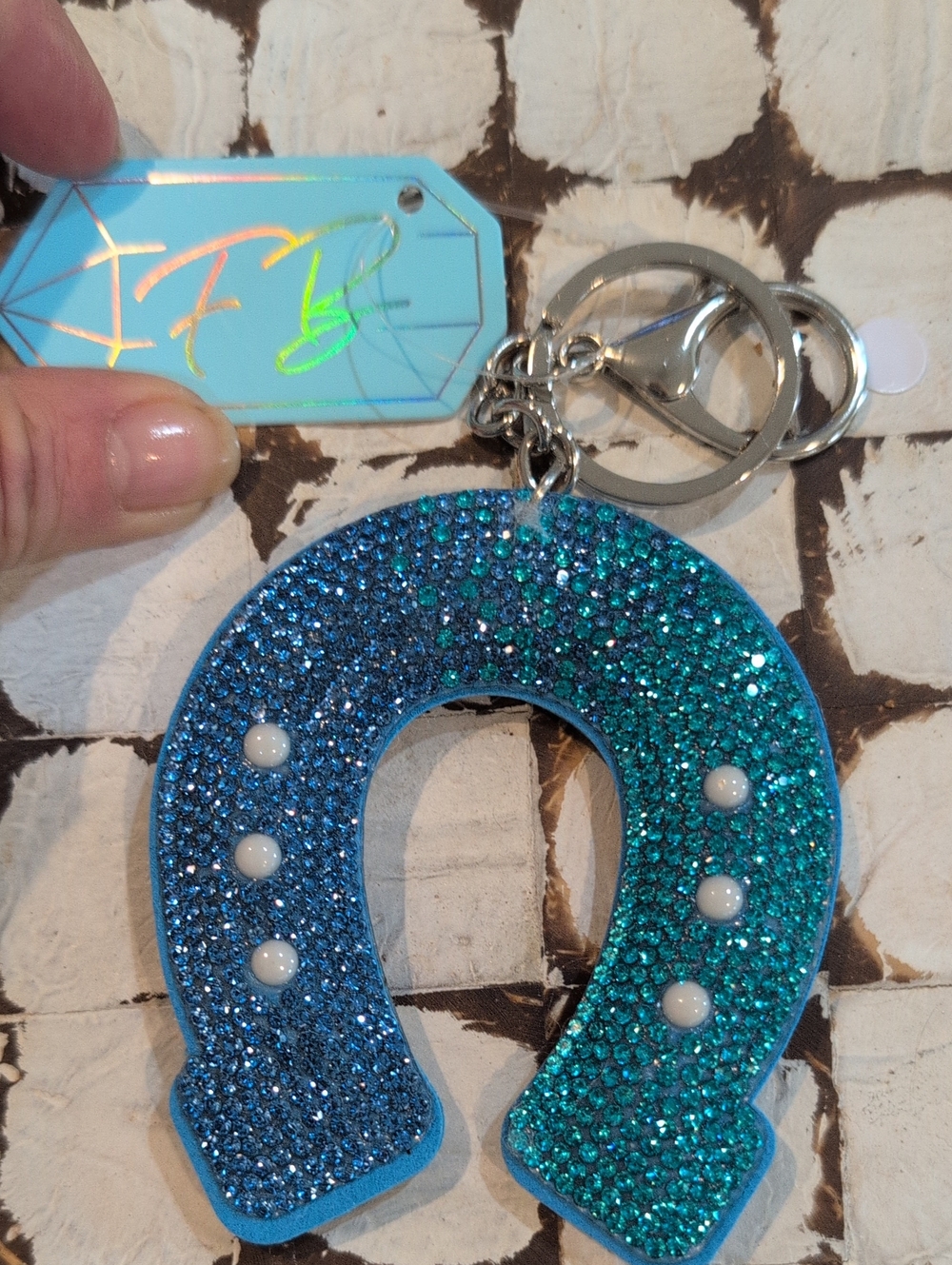 Sparkling Blue-Teal Horseshoe Keychain